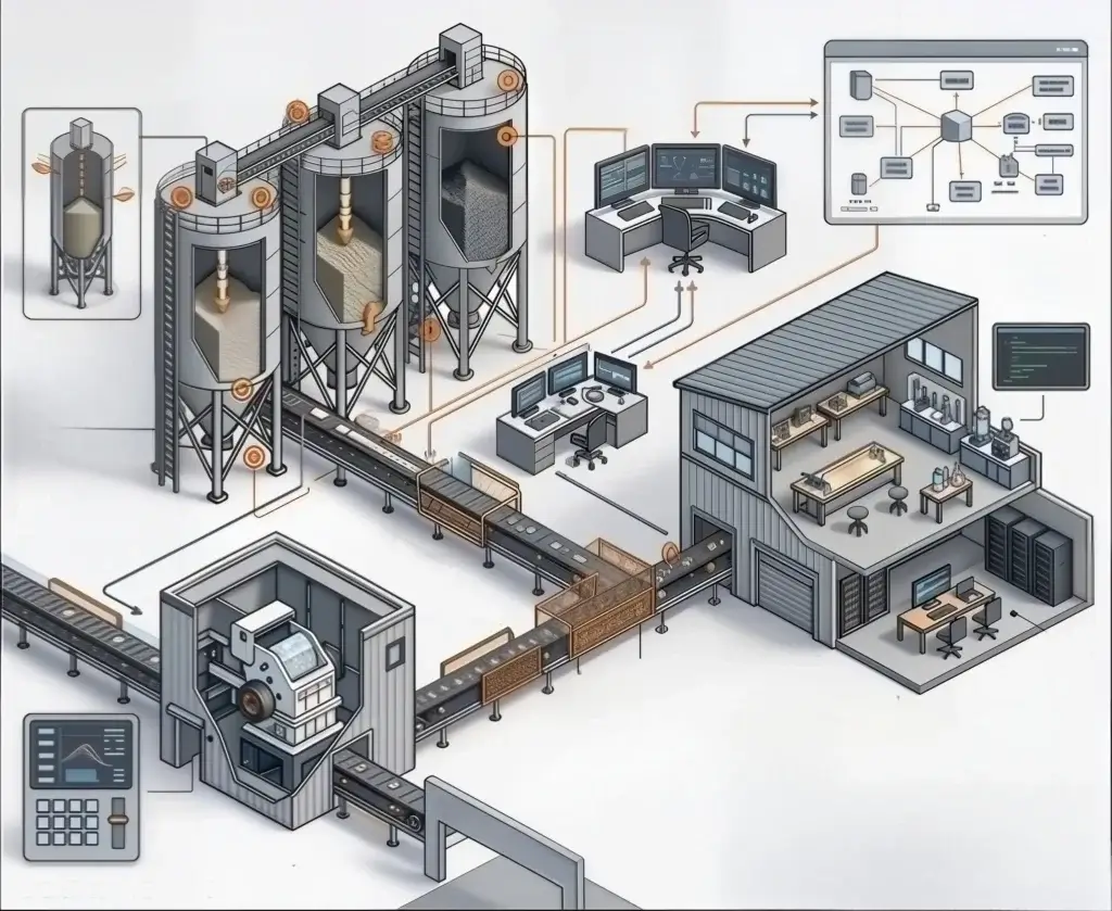 Technical flow diagram of Devondi intelligent bulk material handling system, showcasing smart storage silos, belt conveyor engineering with dust suppression, fabrication hall, and automated process control interface