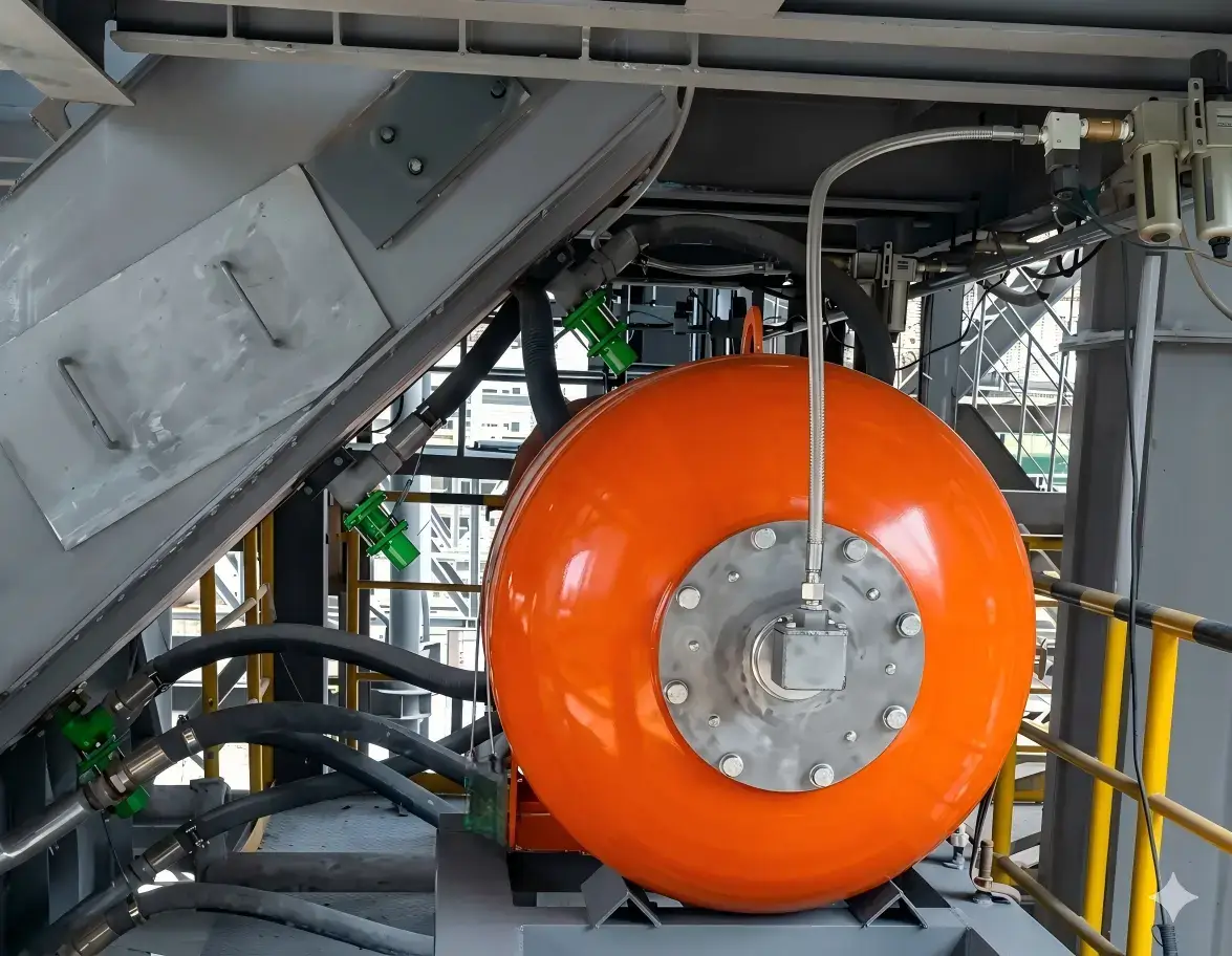 an orange air blaster cannon with connected pipelines for clearing material blockages.
