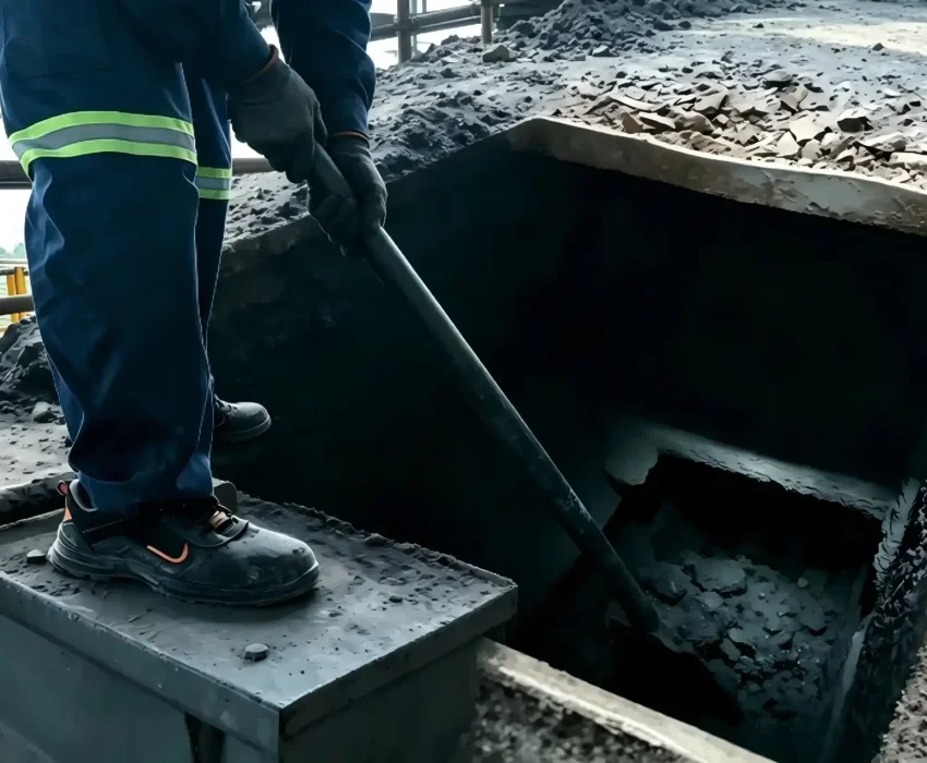 Workers performing traditional manual bin unblocking, highlighting low efficiency and high safety risks