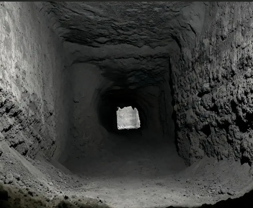 Severe material buildup and "rat-holing" inside an industrial silo, leading to a significant reduction in effective storage capacity.